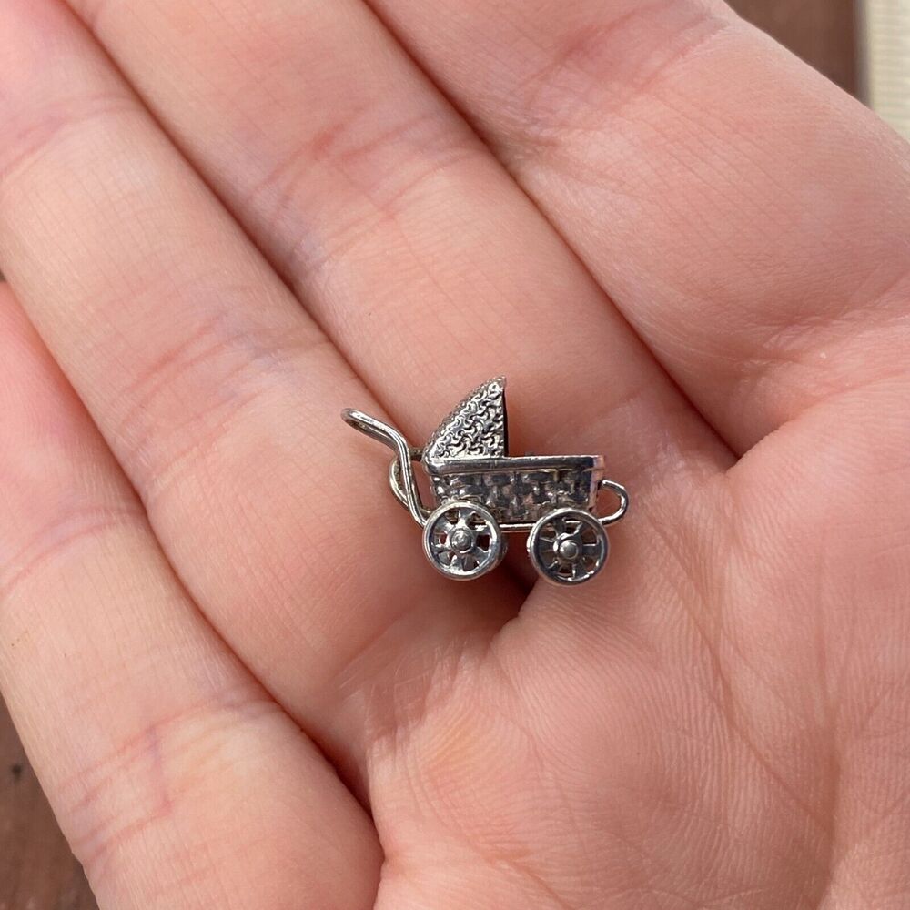 Vintage 925 Sterling Silver Pram Stroller Wheels Move Pendant Bracelet Charm